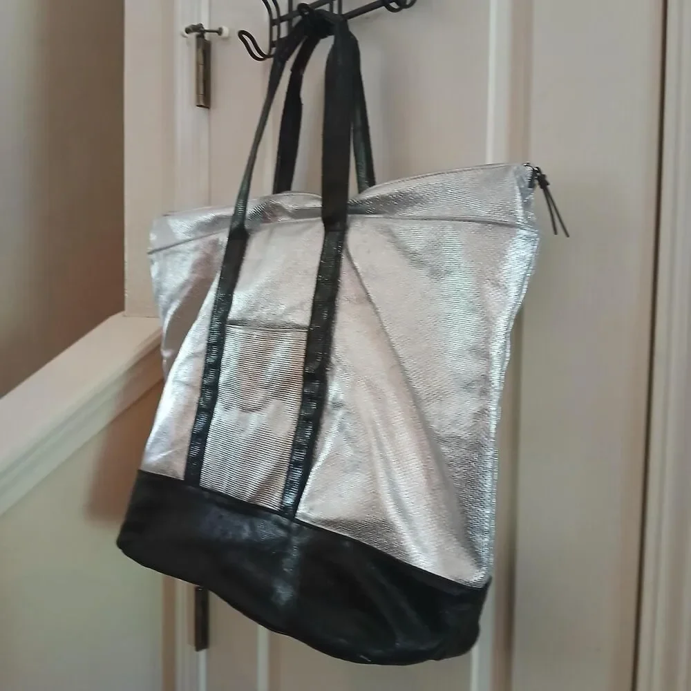 Victoria's Secret Silver Metallic Tote Bag Beach Bag Carry All Weekender Y2K